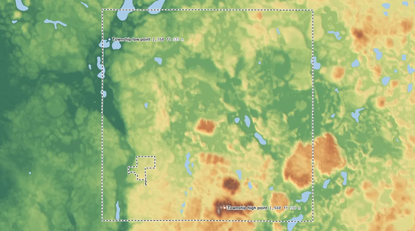 Topographic elevation map of Butler Township, Day County, South Dakota, shaded from 1,760 ft on the west side to 1,940 ft on the south side