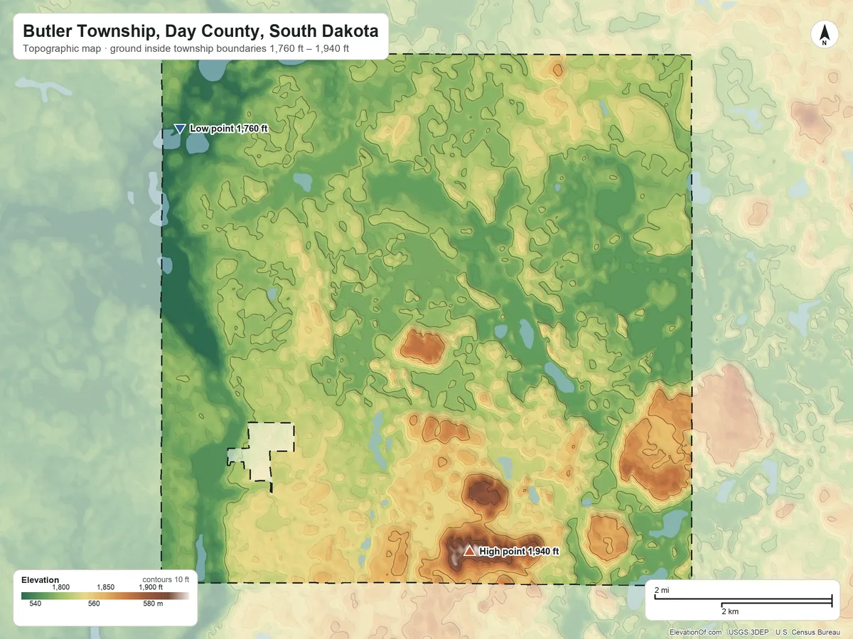 Topographic elevation map of Butler Township, Day County, South Dakota, shaded from 1,760 ft on the west side to 1,940 ft on the south side