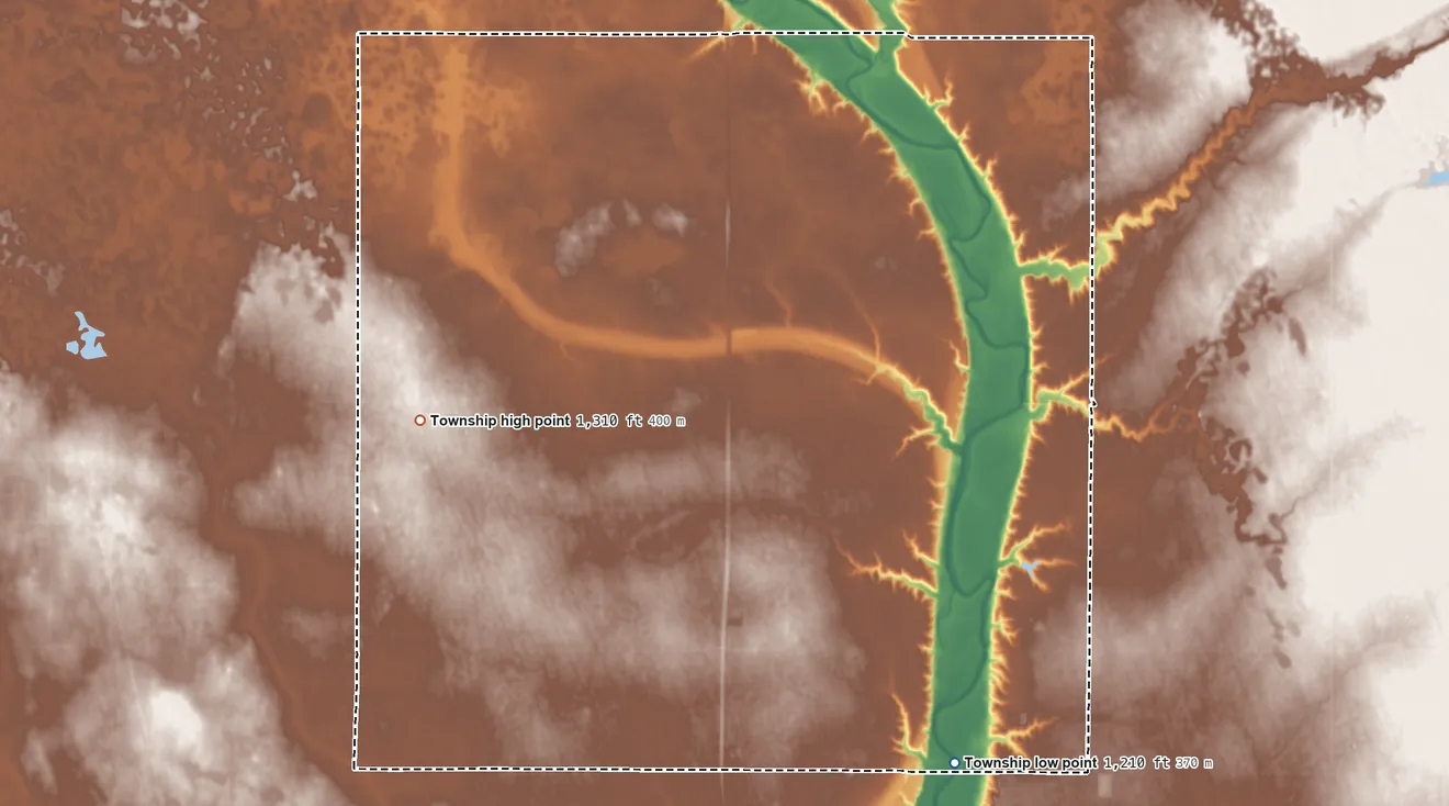 Topographic elevation map of Butler Township, South Dakota, shaded from 1,210 ft on the southeast side to 1,310 ft on the west side