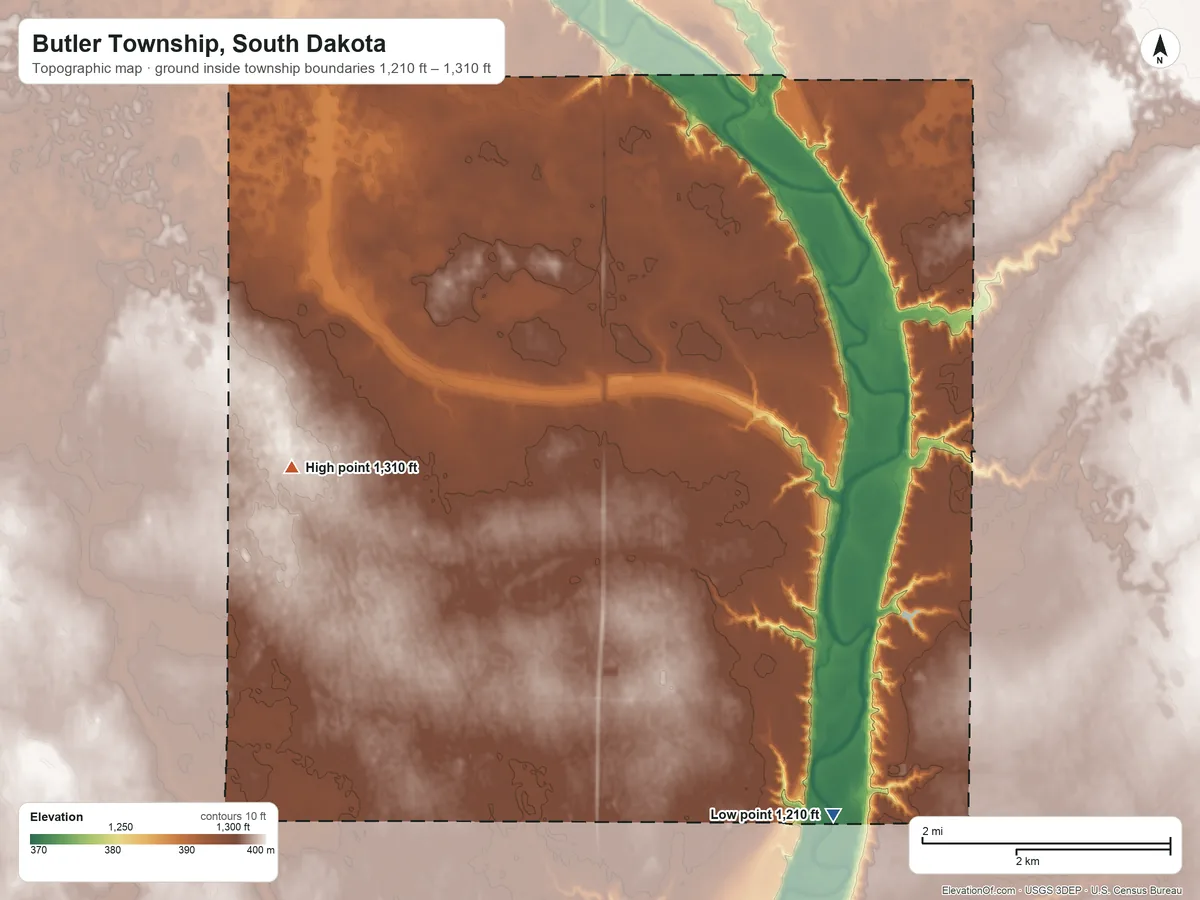 Topographic elevation map of Butler Township, South Dakota, shaded from 1,210 ft on the southeast side to 1,310 ft on the west side
