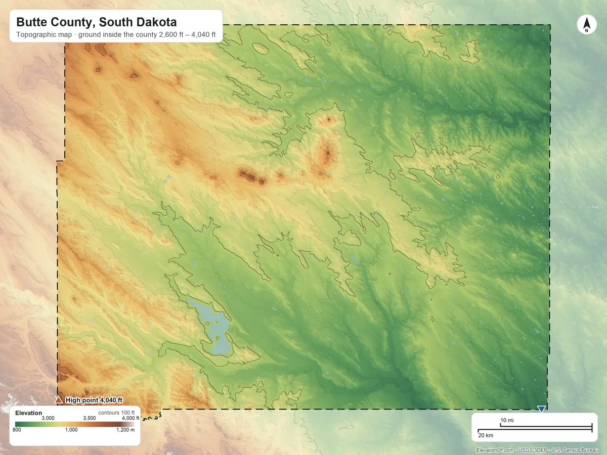Topographic elevation map of Butte County, South Dakota, shaded from 2,600 ft on the southeast side to 4,040 ft on the southwest side