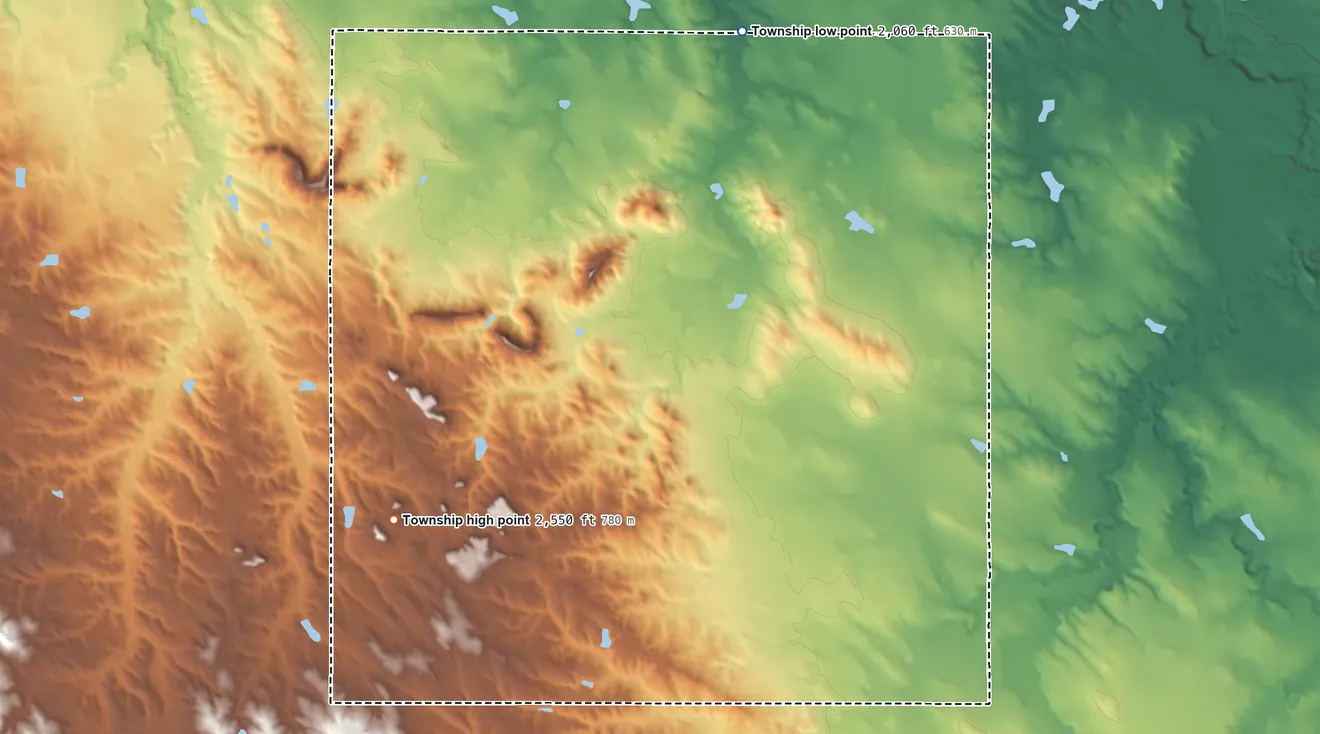 Topographic elevation map of Butte Township, South Dakota, shaded from 2,060 ft on the northeast side to 2,550 ft on the southwest side