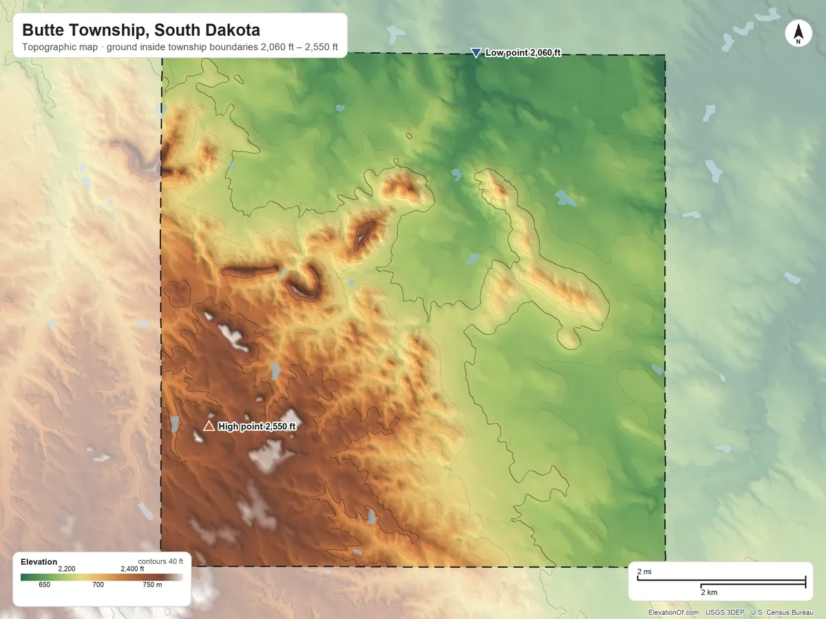 Topographic elevation map of Butte Township, South Dakota, shaded from 2,060 ft on the northeast side to 2,550 ft on the southwest side