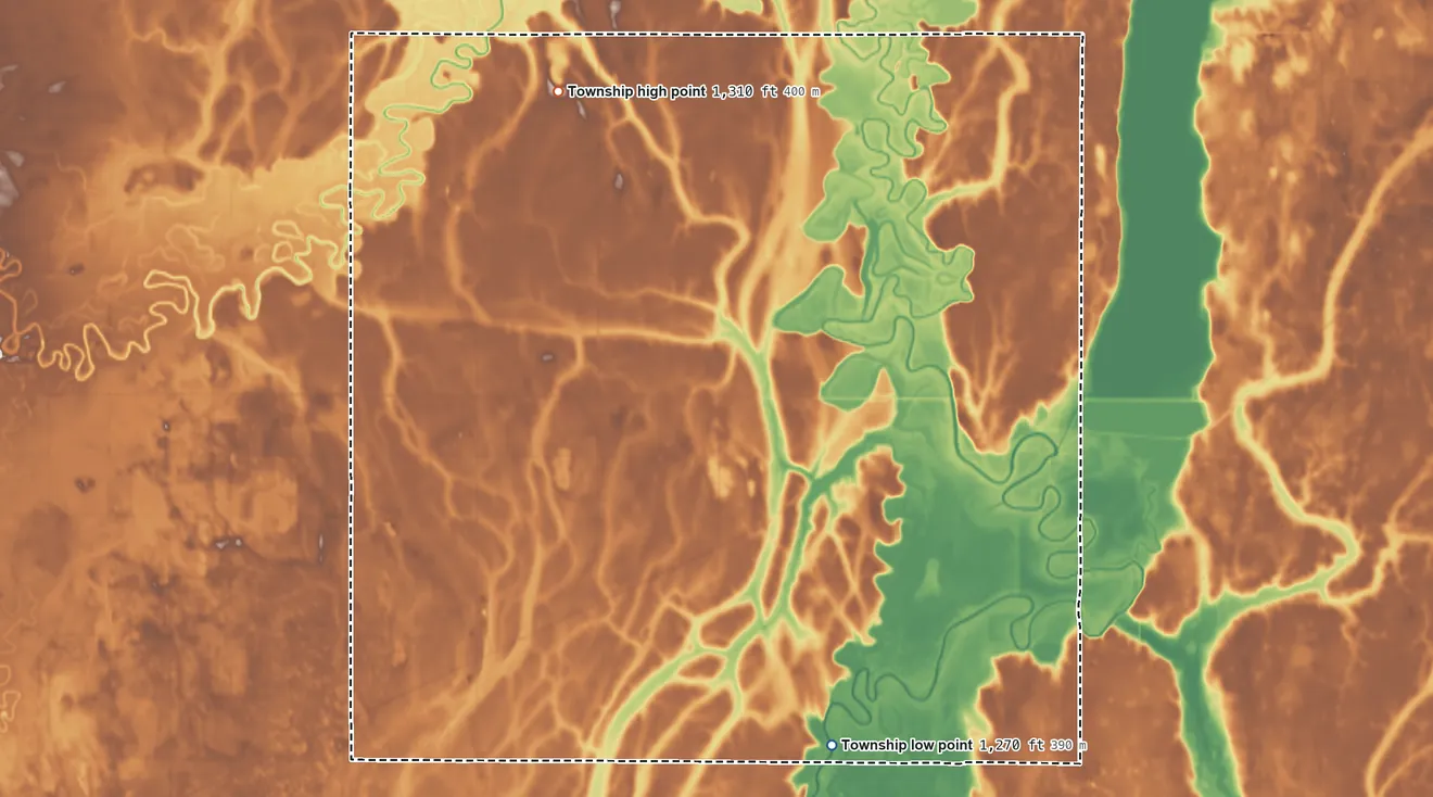 Topographic elevation map of Cambria Township, South Dakota, shaded from 1,270 ft on the southeast side to 1,310 ft on the north side