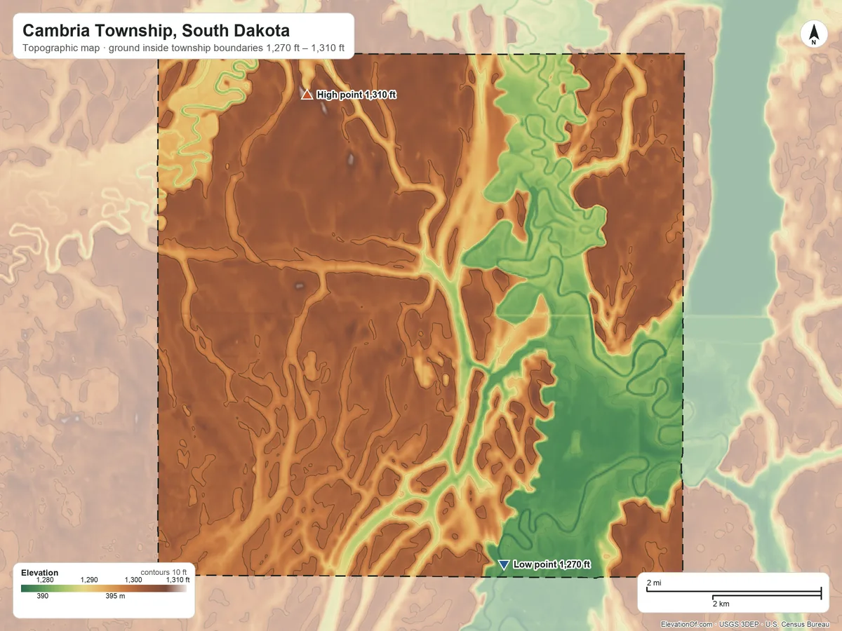 Topographic elevation map of Cambria Township, South Dakota, shaded from 1,270 ft on the southeast side to 1,310 ft on the north side