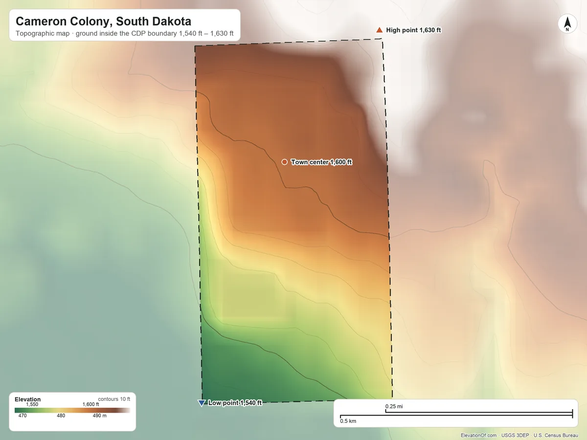 Topographic elevation map of Cameron Colony, South Dakota, shaded from 1,540 ft on the south side to 1,630 ft on the northeast side