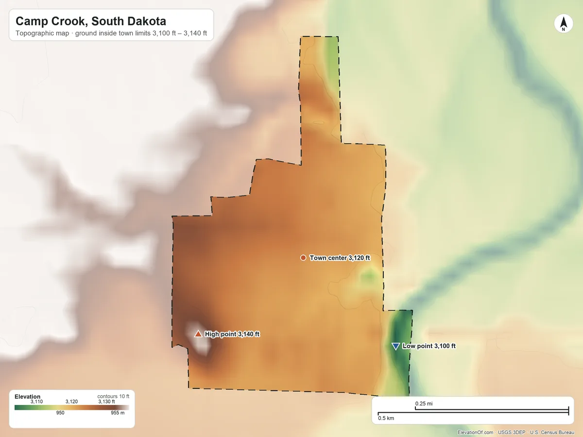 Topographic elevation map of Camp Crook, South Dakota, shaded from 3,100 ft on the southeast side to 3,140 ft on the southwest side
