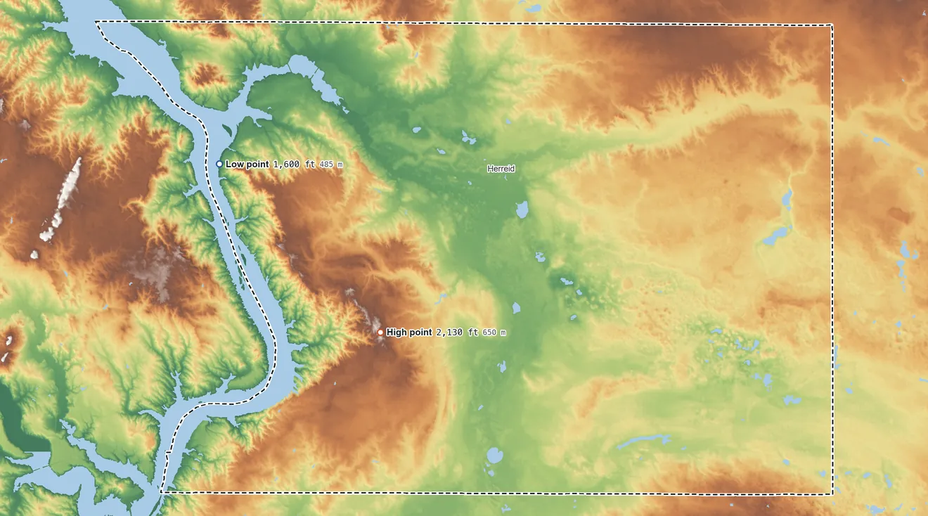 Topographic elevation map of Campbell County, South Dakota, shaded from 1,600 ft on the west side to 2,130 ft on the southwest side