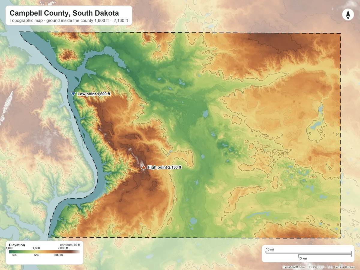 Topographic elevation map of Campbell County, South Dakota, shaded from 1,600 ft on the west side to 2,130 ft on the southwest side