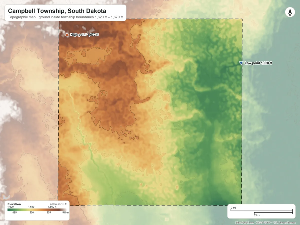 Topographic elevation map of Campbell Township, South Dakota, shaded from 1,620 ft on the northeast side to 1,670 ft on the northwest side