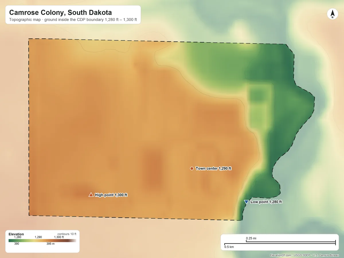 Topographic elevation map of Camrose Colony, South Dakota, shaded from 1,280 ft on the southeast side to 1,300 ft on the west side