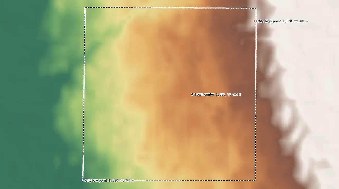 Topographic elevation map of Canistota, South Dakota, shaded from 1,530 ft on the southwest side to 1,570 ft on the northeast side