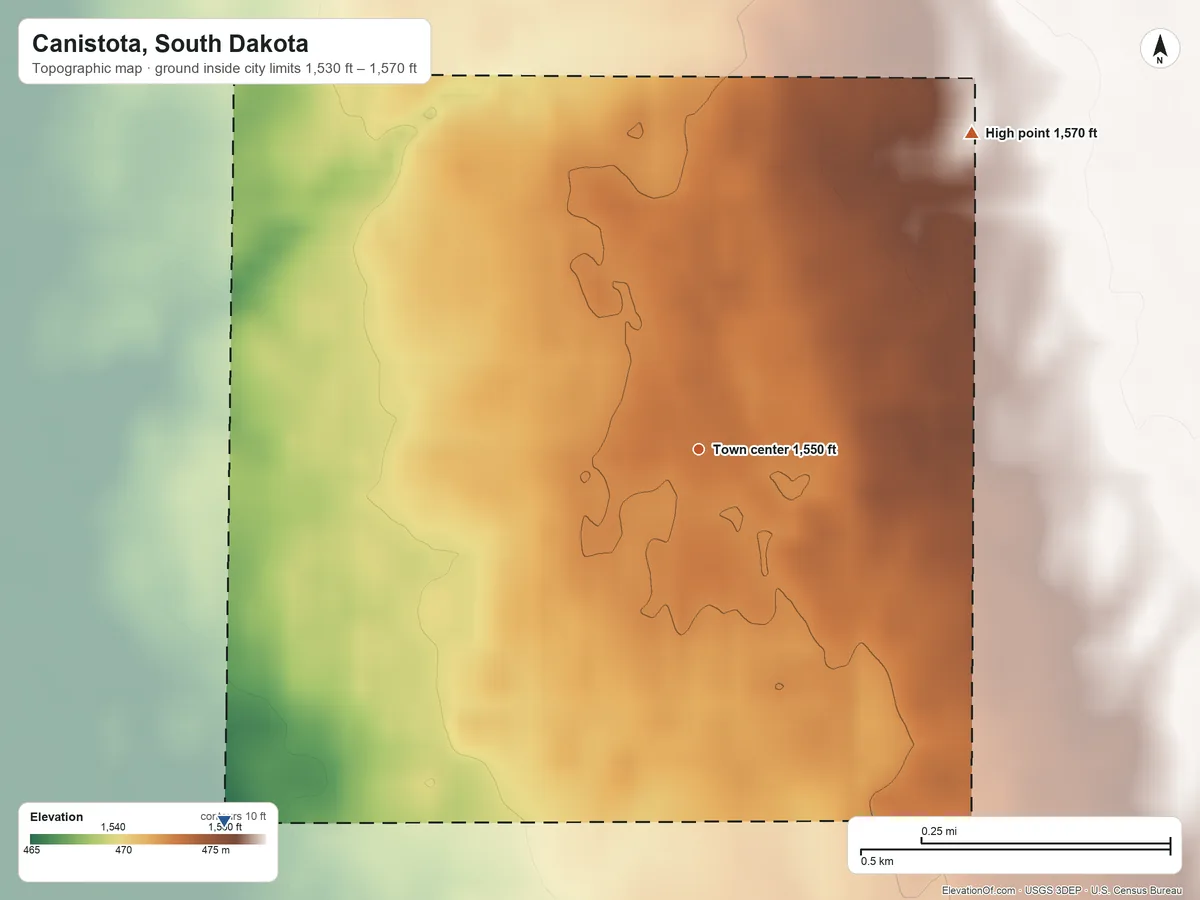 Topographic elevation map of Canistota, South Dakota, shaded from 1,530 ft on the southwest side to 1,570 ft on the northeast side