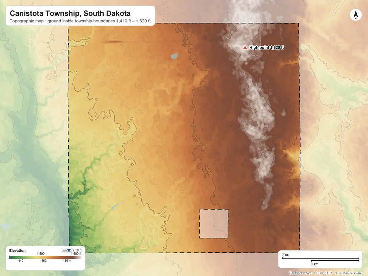 Topographic elevation map of Canistota Township, South Dakota, shaded from 1,410 ft on the southwest side to 1,620 ft on the northeast side
