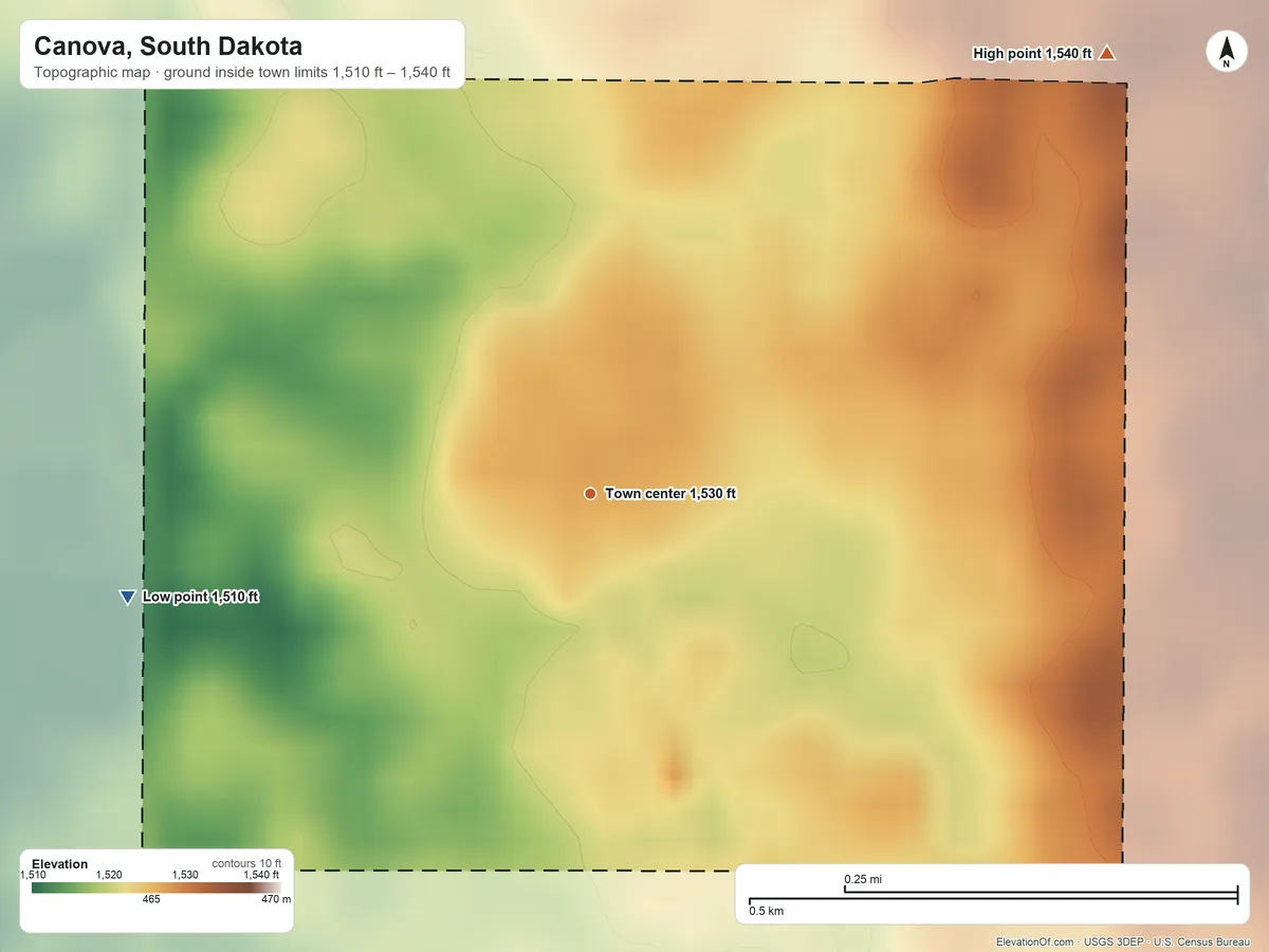 Topographic elevation map of Canova, South Dakota, shaded from 1,510 ft on the west side to 1,540 ft on the northeast side