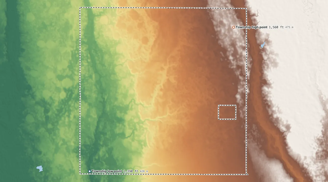 Topographic elevation map of Canova Township, South Dakota, shaded from 1,390 ft on the southwest side to 1,560 ft on the northeast side