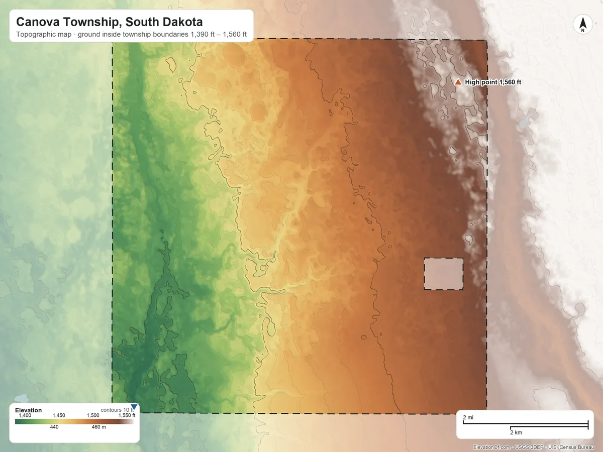 Topographic elevation map of Canova Township, South Dakota, shaded from 1,390 ft on the southwest side to 1,560 ft on the northeast side