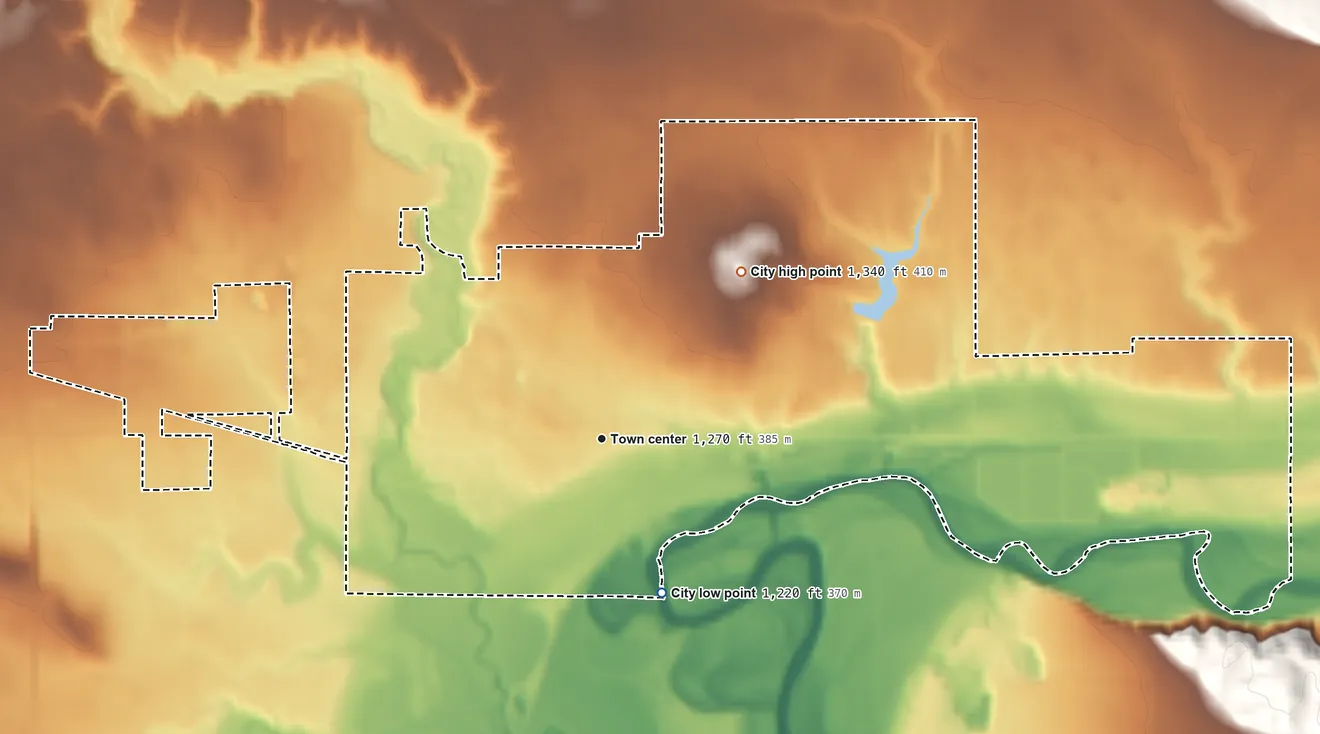 Topographic elevation map of Canton, South Dakota, shaded from 1,220 ft on the south side to 1,340 ft on the northeast side