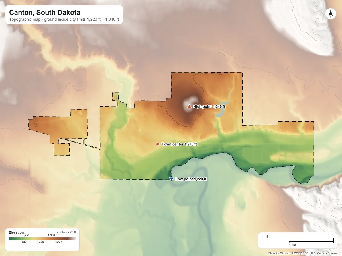 Topographic elevation map of Canton, South Dakota, shaded from 1,220 ft on the south side to 1,340 ft on the northeast side
