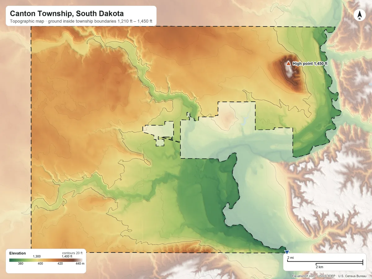 Topographic elevation map of Canton Township, South Dakota, shaded from 1,210 ft on the southeast side to 1,450 ft on Canton Mounds