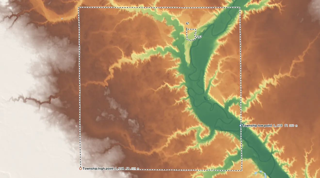 Topographic elevation map of Capital Township, South Dakota, shaded from 1,170 ft on the southeast side to 1,350 ft on the southwest side