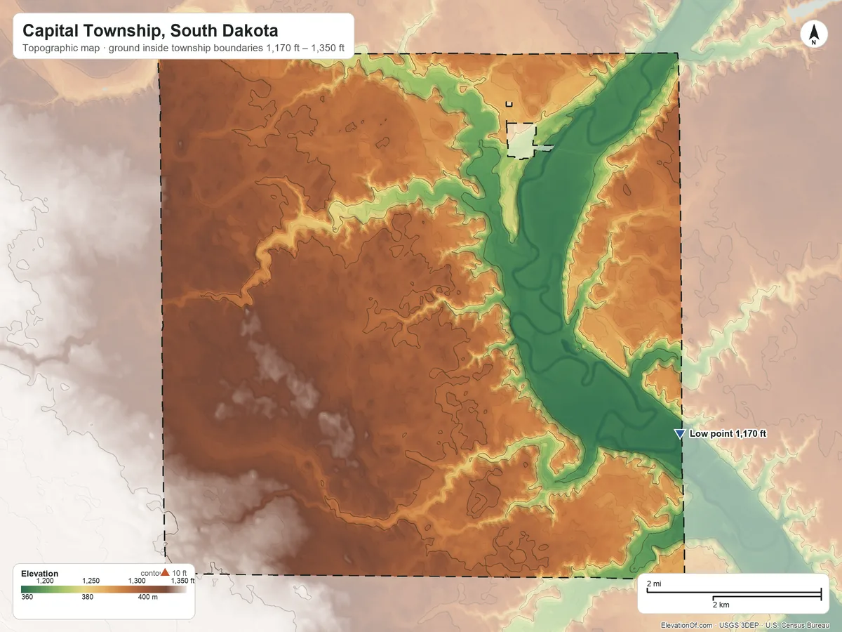 Topographic elevation map of Capital Township, South Dakota, shaded from 1,170 ft on the southeast side to 1,350 ft on the southwest side