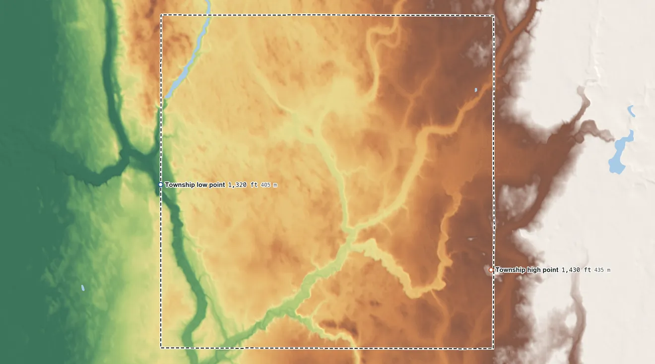Topographic elevation map of Capitola Township, South Dakota, shaded from 1,320 ft on the west side to 1,430 ft on the southeast side