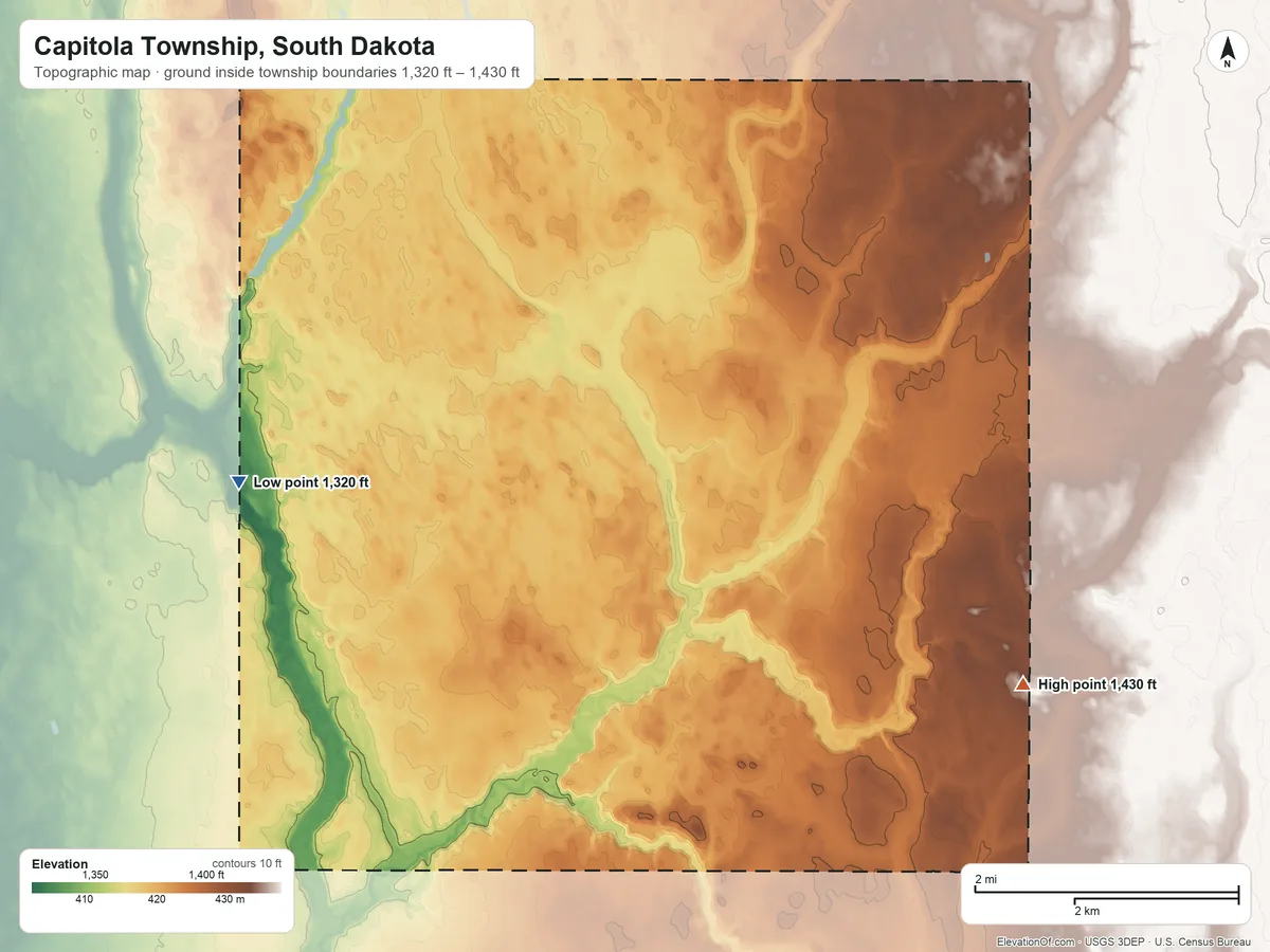 Topographic elevation map of Capitola Township, South Dakota, shaded from 1,320 ft on the west side to 1,430 ft on the southeast side