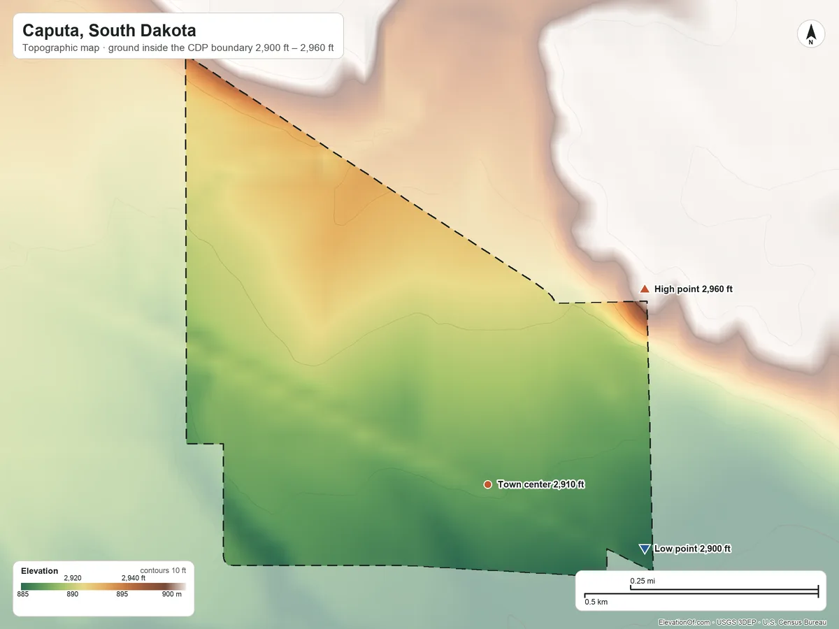 Topographic elevation map of Caputa, South Dakota, shaded from 2,900 ft on the east side to 2,960 ft on the northeast side