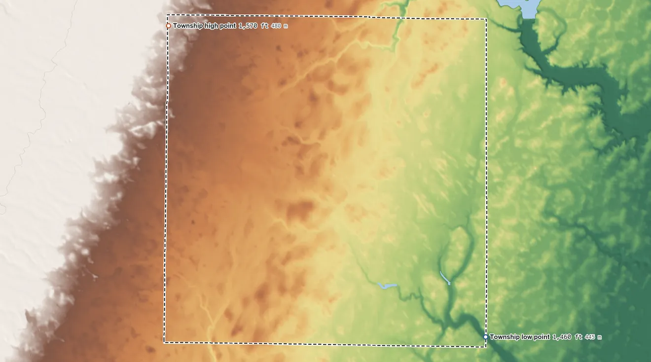 Topographic elevation map of Carl Township, South Dakota, shaded from 1,460 ft on the southeast side to 1,570 ft on the northwest side
