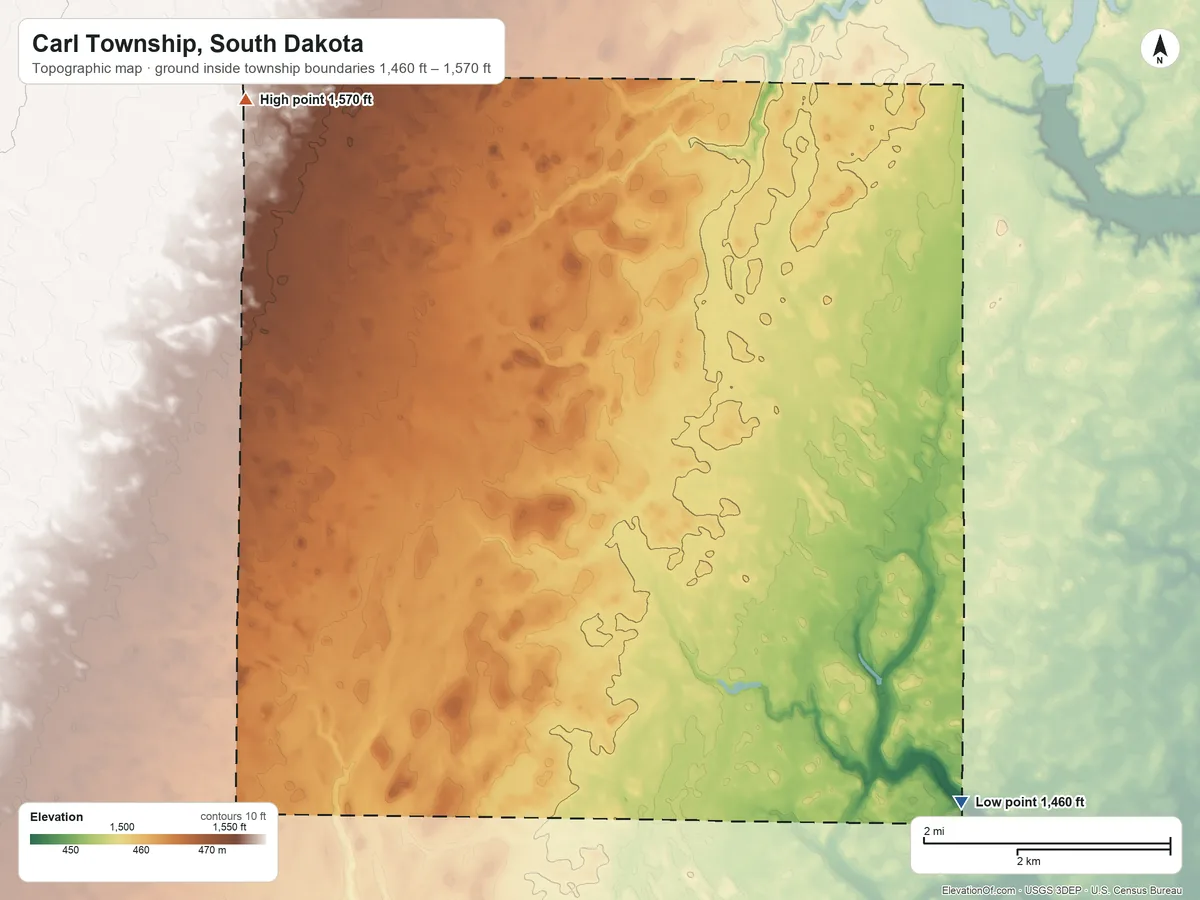 Topographic elevation map of Carl Township, South Dakota, shaded from 1,460 ft on the southeast side to 1,570 ft on the northwest side