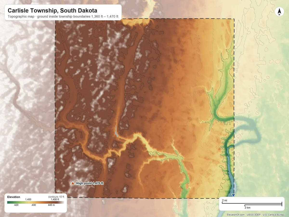 Topographic elevation map of Carlisle Township, South Dakota, shaded from 1,360 ft on the southeast side to 1,470 ft on the southwest side