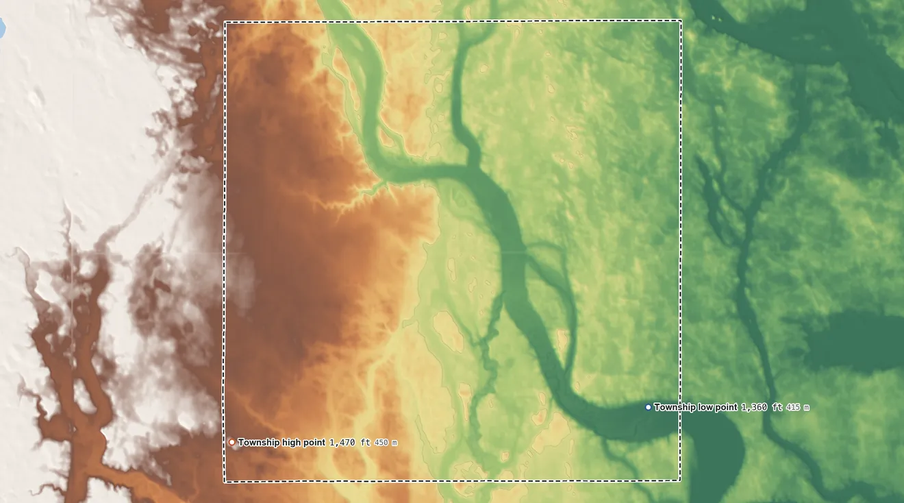 Topographic elevation map of Carlton Township, South Dakota, shaded from 1,360 ft on the east side to 1,470 ft on the south side