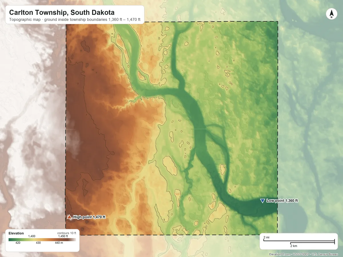 Topographic elevation map of Carlton Township, South Dakota, shaded from 1,360 ft on the east side to 1,470 ft on the south side