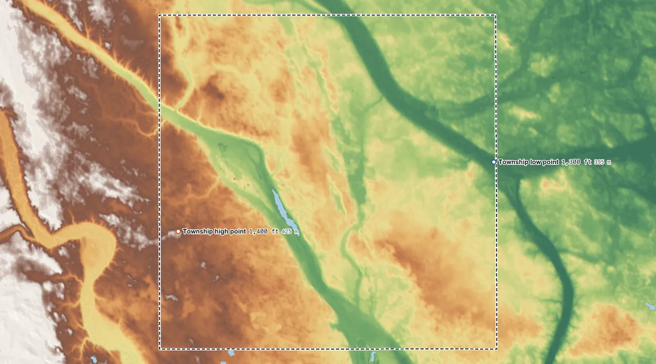 Topographic elevation map of Carlyle Township, South Dakota, shaded from 1,300 ft on the east side to 1,400 ft on the southwest side