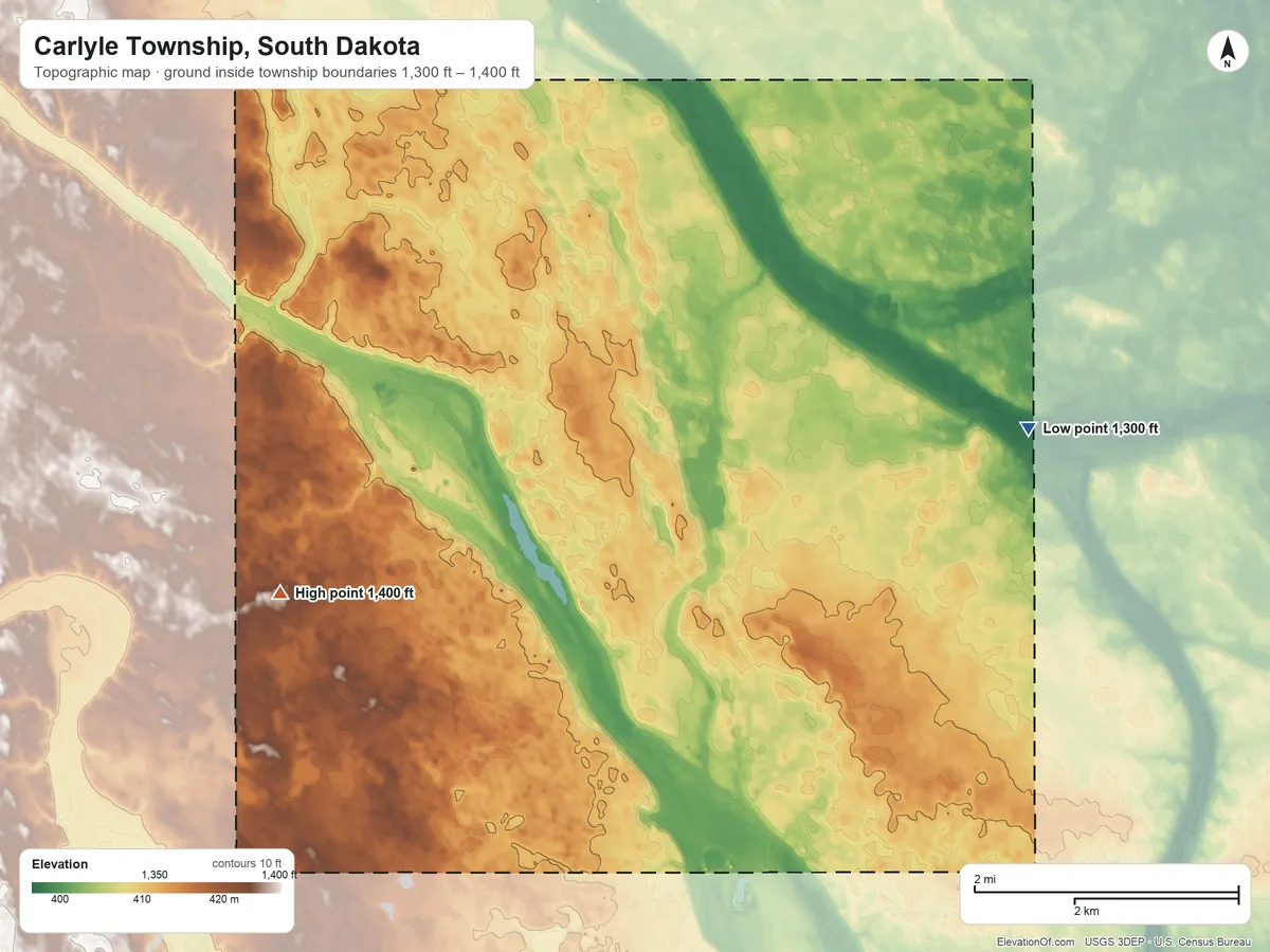 Topographic elevation map of Carlyle Township, South Dakota, shaded from 1,300 ft on the east side to 1,400 ft on the southwest side