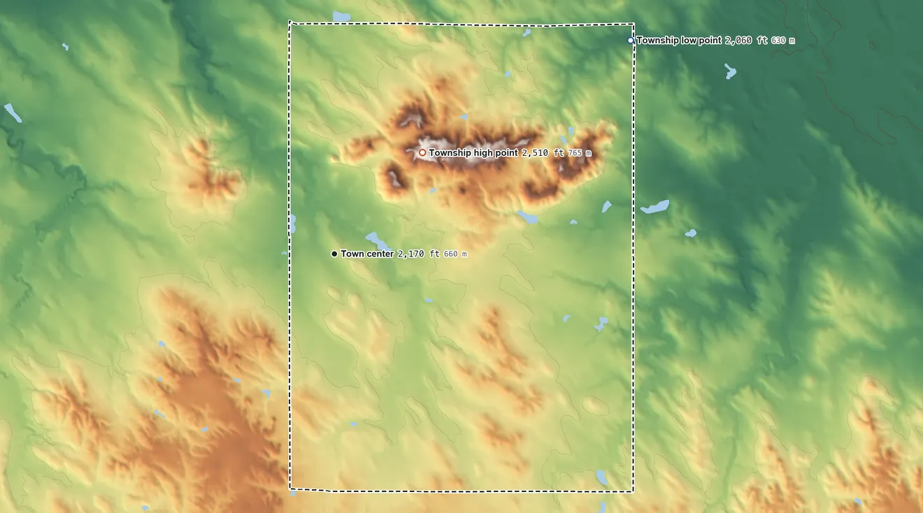 Topographic elevation map of Carter Township, South Dakota, shaded from 2,060 ft on the northeast side to 2,510 ft on the northeast side