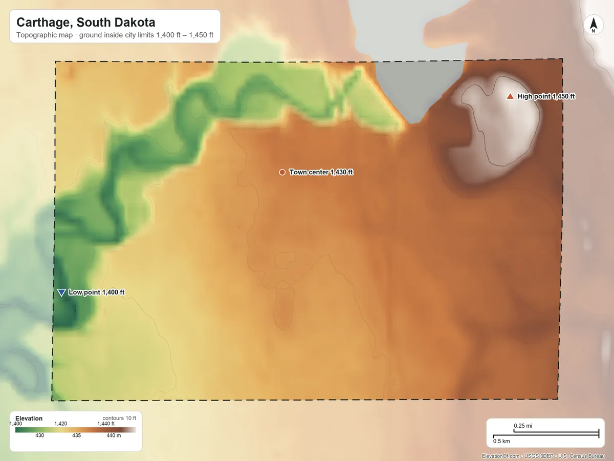 Topographic elevation map of Carthage, South Dakota, shaded from 1,400 ft on the southwest side to 1,450 ft on the east side