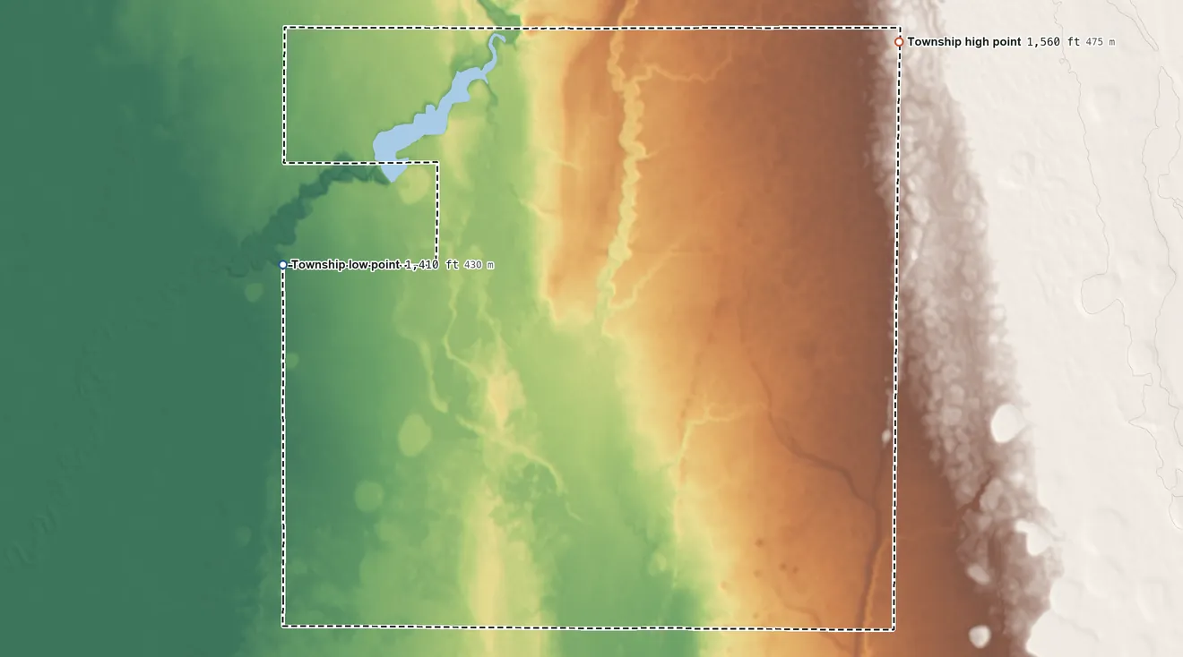 Topographic elevation map of Carthage Township, South Dakota, shaded from 1,410 ft on the west side to 1,560 ft on the northeast side