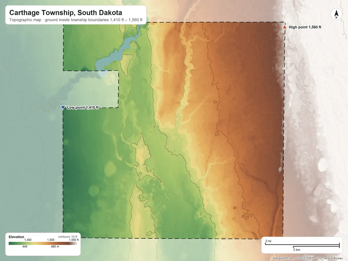Topographic elevation map of Carthage Township, South Dakota, shaded from 1,410 ft on the west side to 1,560 ft on the northeast side