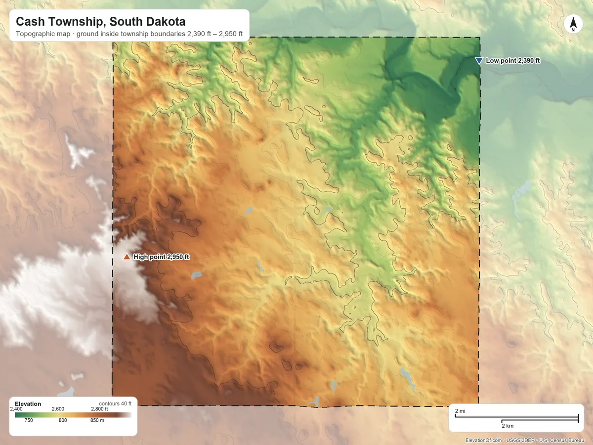 Topographic elevation map of Cash Township, South Dakota, shaded from 2,390 ft on the north side to 2,950 ft on the west side