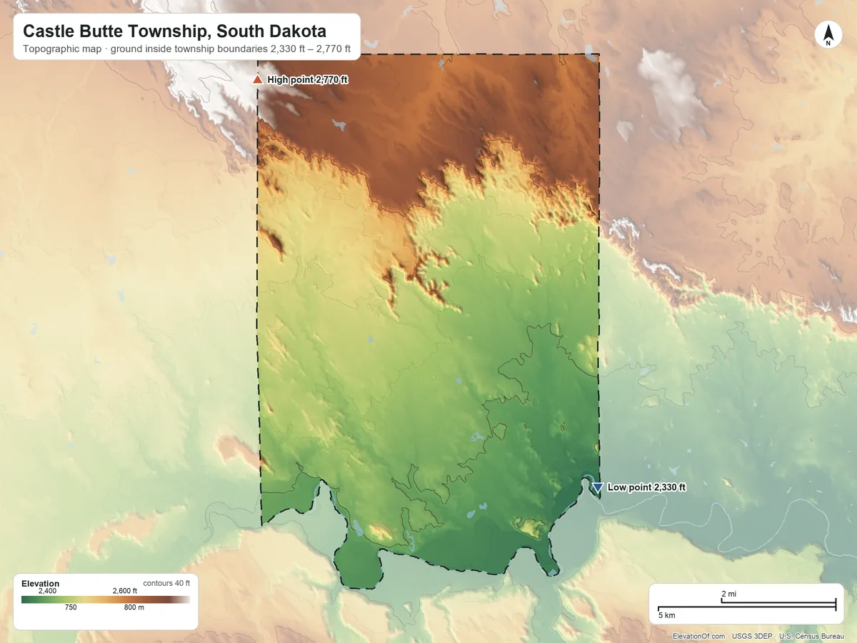 Topographic elevation map of Castle Butte Township, South Dakota, shaded from 2,330 ft on the southeast side to 2,770 ft near the middle