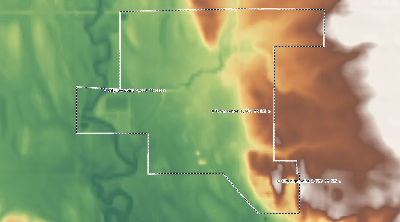 Topographic elevation map of Castlewood, South Dakota, shaded from 1,670 ft on the west side to 1,720 ft on the southeast side