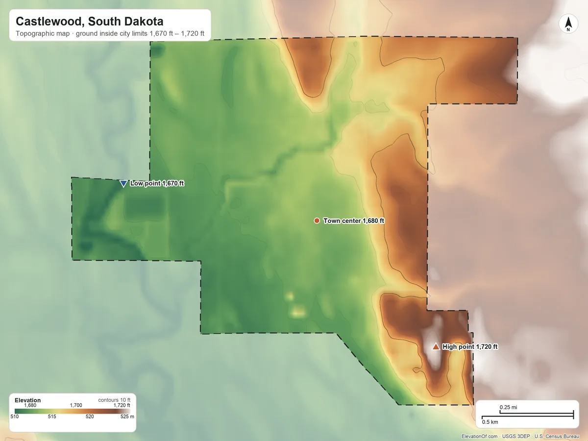 Topographic elevation map of Castlewood, South Dakota, shaded from 1,670 ft on the west side to 1,720 ft on the southeast side