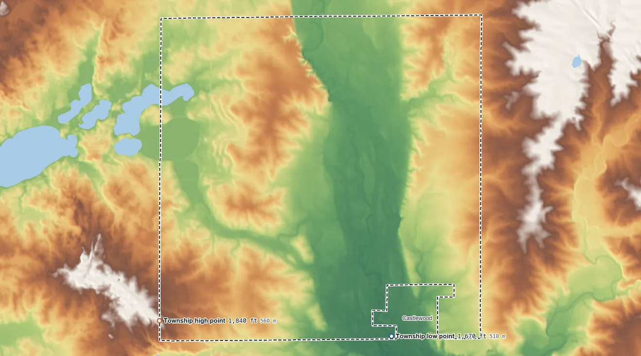 Topographic elevation map of Castlewood Township, South Dakota, shaded from 1,670 ft on the southeast side to 1,840 ft on the southwest side