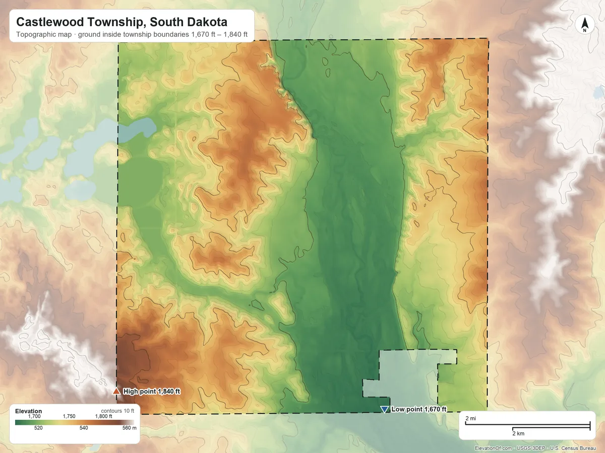 Topographic elevation map of Castlewood Township, South Dakota, shaded from 1,670 ft on the southeast side to 1,840 ft on the southwest side