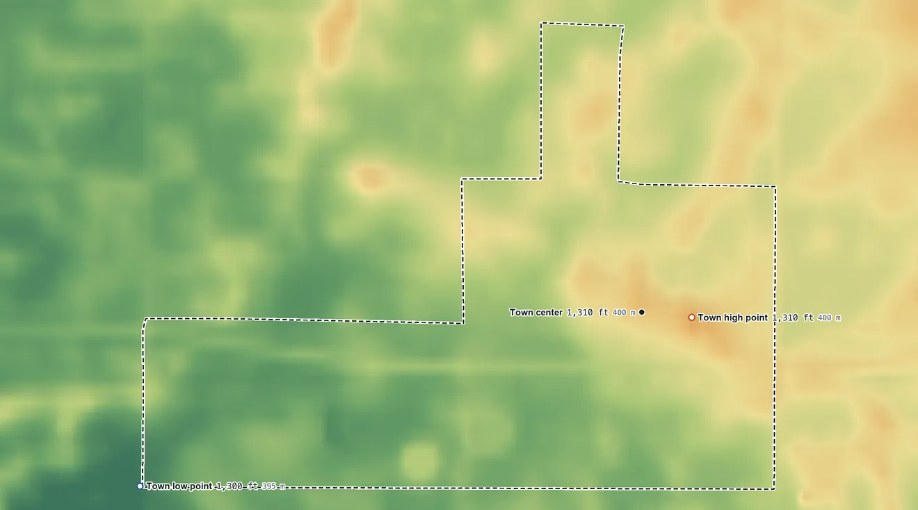 Topographic elevation map of Cavour, South Dakota, shaded from 1,300 ft on the west side to 1,310 ft near the middle
