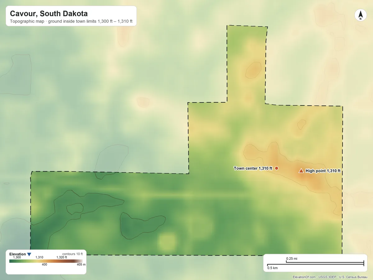 Topographic elevation map of Cavour, South Dakota, shaded from 1,300 ft on the west side to 1,310 ft near the middle