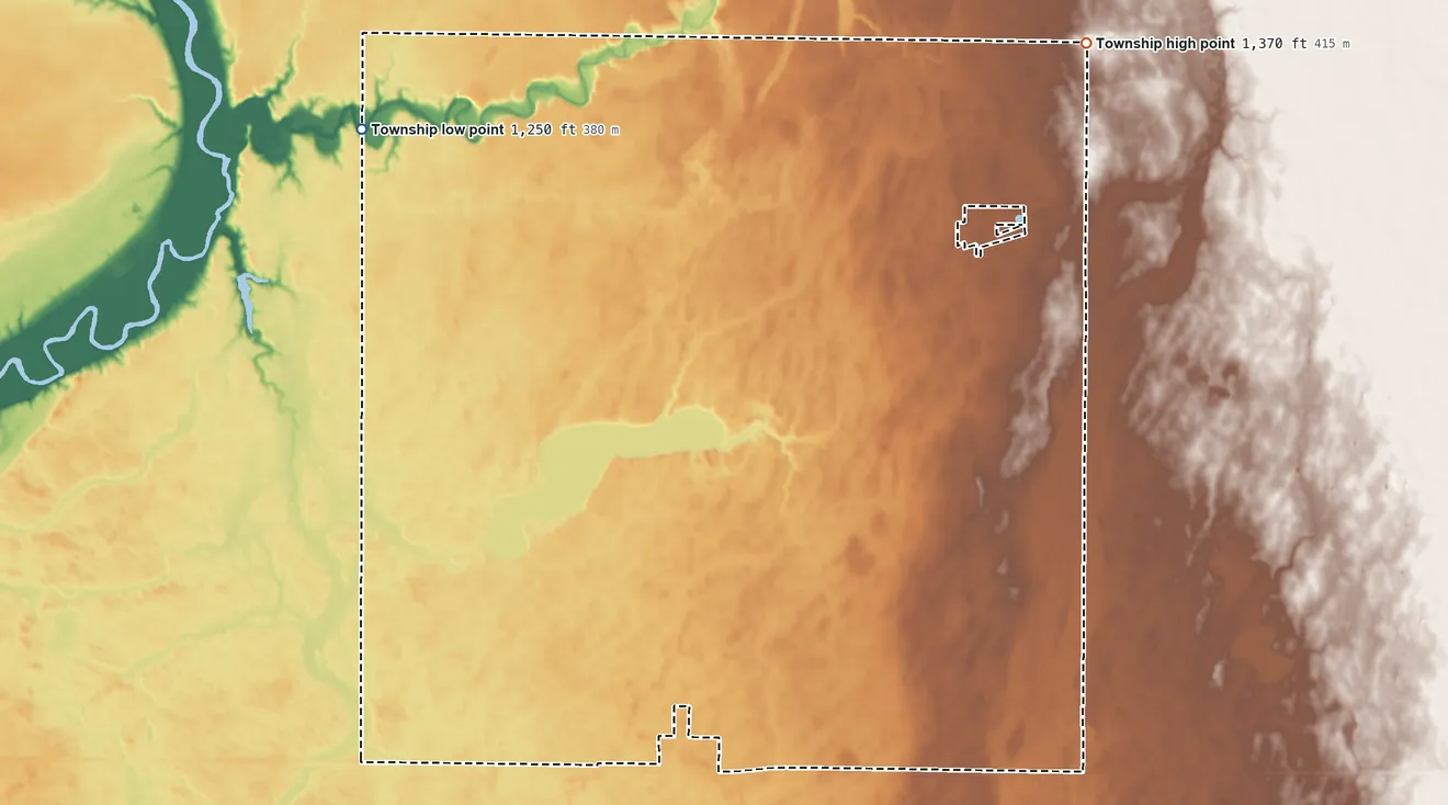 Topographic elevation map of Cavour Township, South Dakota, shaded from 1,250 ft on the northwest side to 1,370 ft on the northeast side