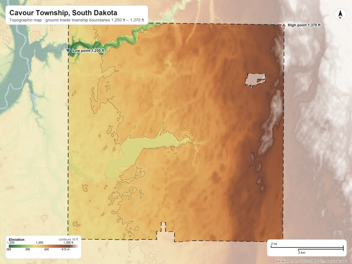 Topographic elevation map of Cavour Township, South Dakota, shaded from 1,250 ft on the northwest side to 1,370 ft on the northeast side